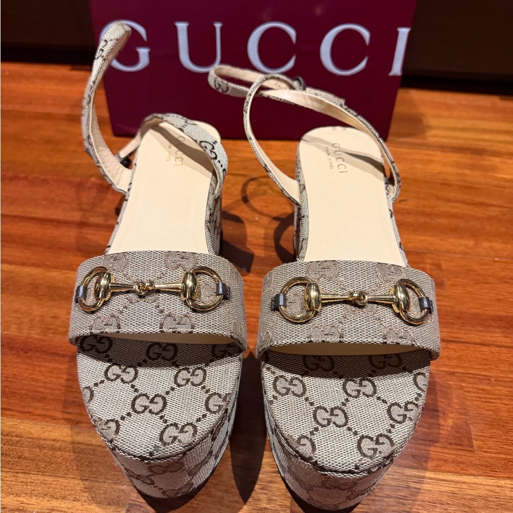 Beige Monogram Sandals with Gold Accents